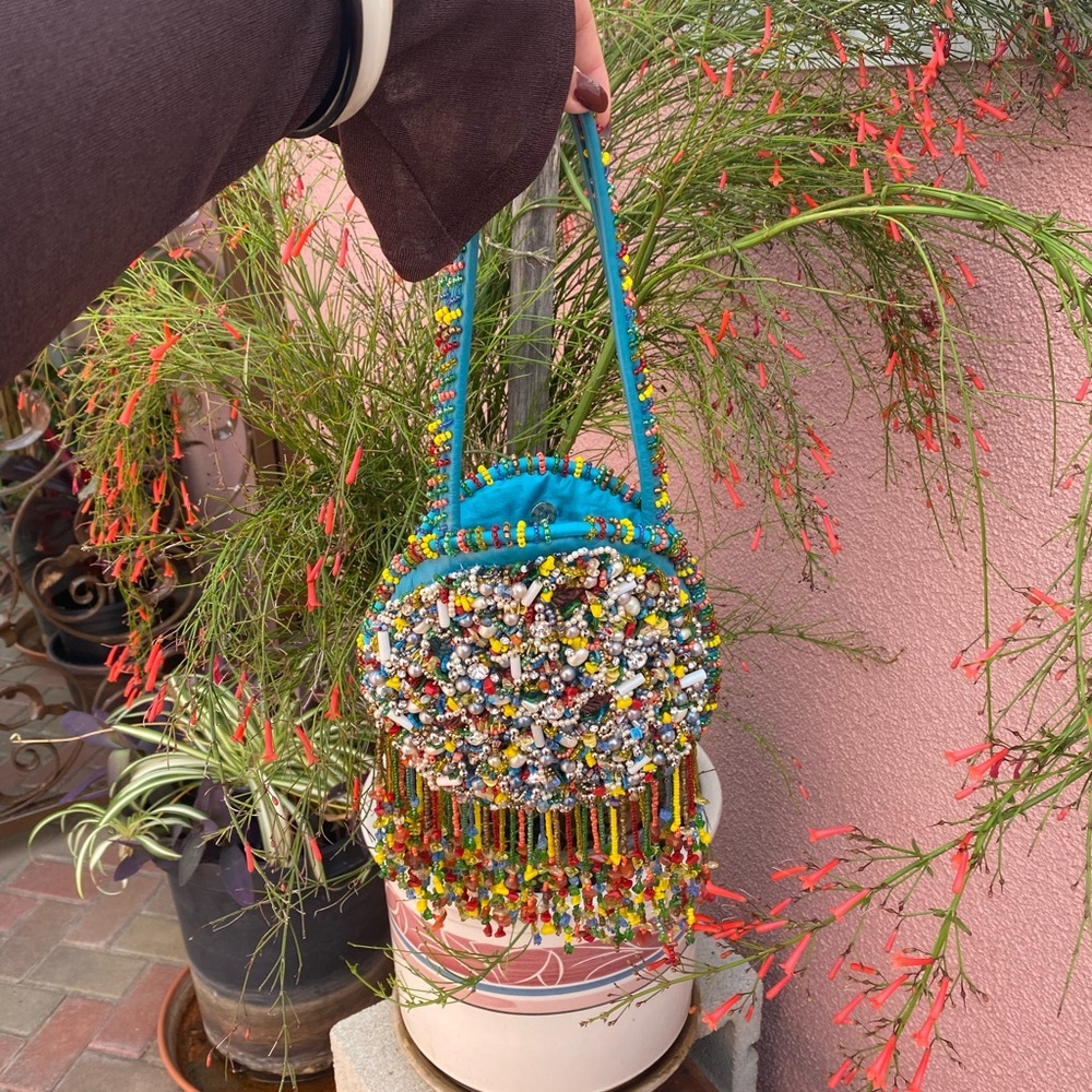 Vintage Small Beaded Turquoise Fringe Women's going out hand Bag